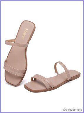 Two Strap Square Toe Slide Sandals Faux Leather Dressy Flat Comfort